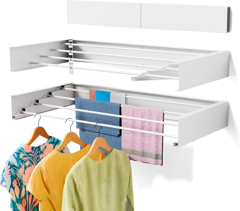 ZMBESUP Laundry Drying Rack Collapsible, Wall Mounted Clothes, Retractable Wall Drying Rack, 23.6" Wide, 4 Aluminum Rods, Max 60 lb Capacity (White, 23.6'') - Image 1